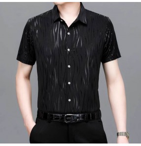 Men's latin dance shirts black striped ballroom salsa rumba chacha tango tops for man